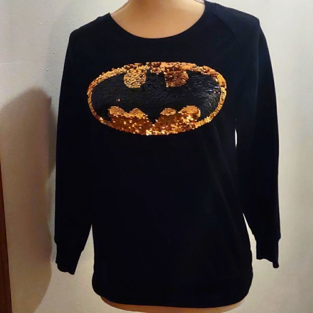 DC Comics Batman Logo Men's size S black sweatshirt‎ flip sequins Up All Night